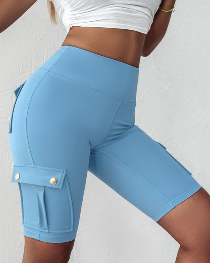 Tummy Control Butt Lifting Active Shorts High Waist Flap Pocket Workout Bermuda Cargo Running Shorts