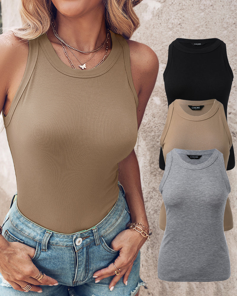 3 Pack Knit Round Neck Thick Strap Racerback Tank Tops(Without Pads)