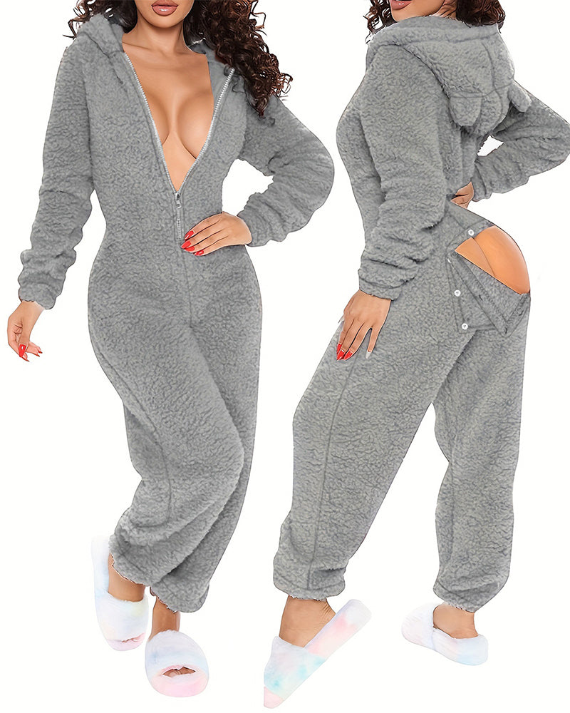 3D Ear Buttoned Flap Functional Fluffy Lounge Jumpsuit