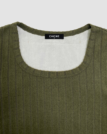 U-Neck Long Sleeve Ribbed Tops Fleece Lined Basic Layering Soft Thermal Tee (No Padding)