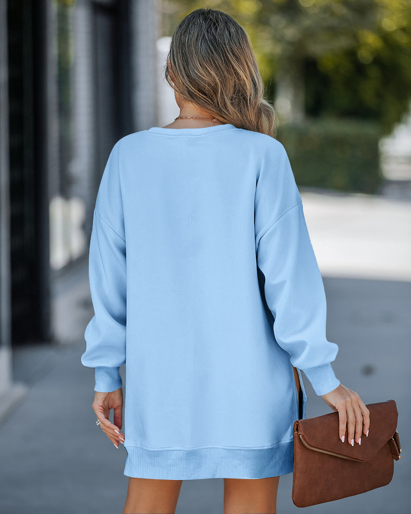 Letter Patch Detail Long Sleeve Drop Shoulder Pullover Sweatshirt Casual Zipper Side Slit Top