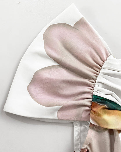 Plants Print Sweetheart Neck Short Sleeve Overalls Causal Ruched Wide Leg Jumpsuit