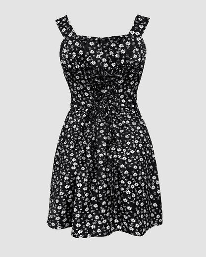 Floral Print Square Neck Thick Strap Tied Detail Romper Casual Shirred Lace-up Back Slit Skort Romper