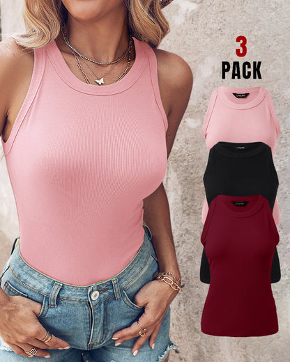 3 Pack Knit Round Neck Thick Strap Racerback Tank Tops(Without Pads)