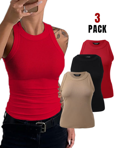 3 Pack Knit Round Neck Thick Strap Racerback Tank Tops(Without Pads)