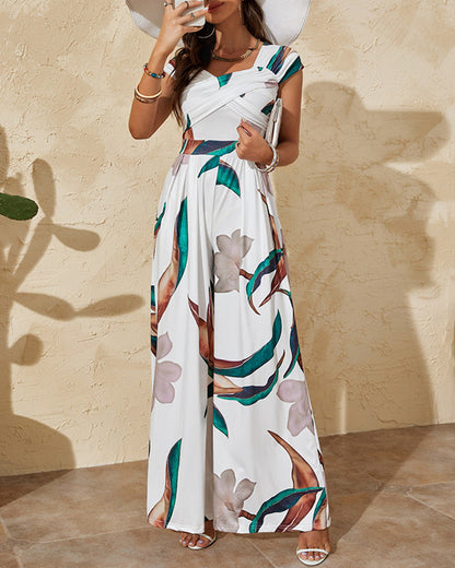 Plants Print Sweetheart Neck Short Sleeve Overalls Causal Ruched Wide Leg Jumpsuit