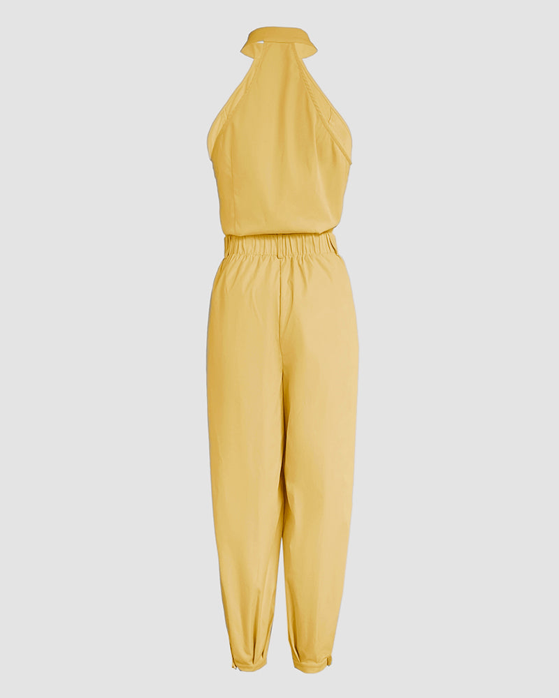 2 Pieces Outfits Sleeveless High Neck Cargo Pockets Design Top And Casual Cuffed Long Pants Set