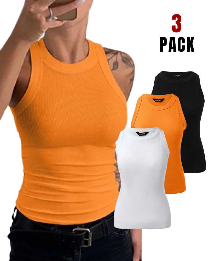 3 Pack Knit Round Neck Thick Strap Racerback Tank Tops(Without Pads)