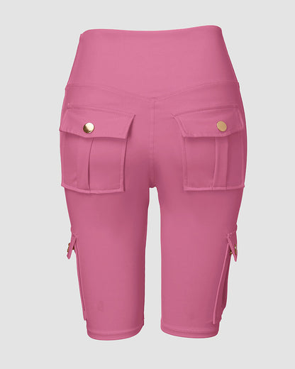 Tummy Control Butt Lifting Active Shorts High Waist Flap Pocket Workout Bermuda Cargo Running Shorts