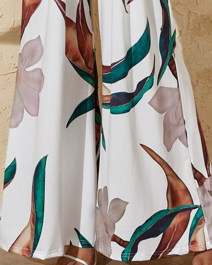Plants Print Sweetheart Neck Short Sleeve Overalls Causal Ruched Wide Leg Jumpsuit
