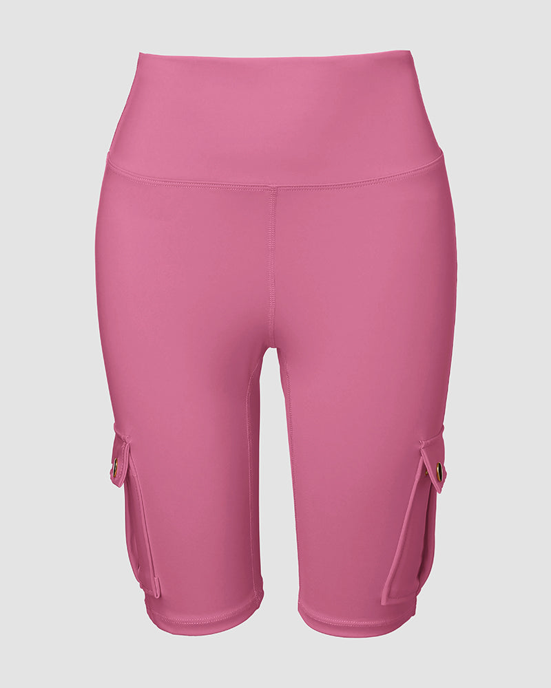 Tummy Control Butt Lifting Active Shorts High Waist Flap Pocket Workout Bermuda Cargo Running Shorts