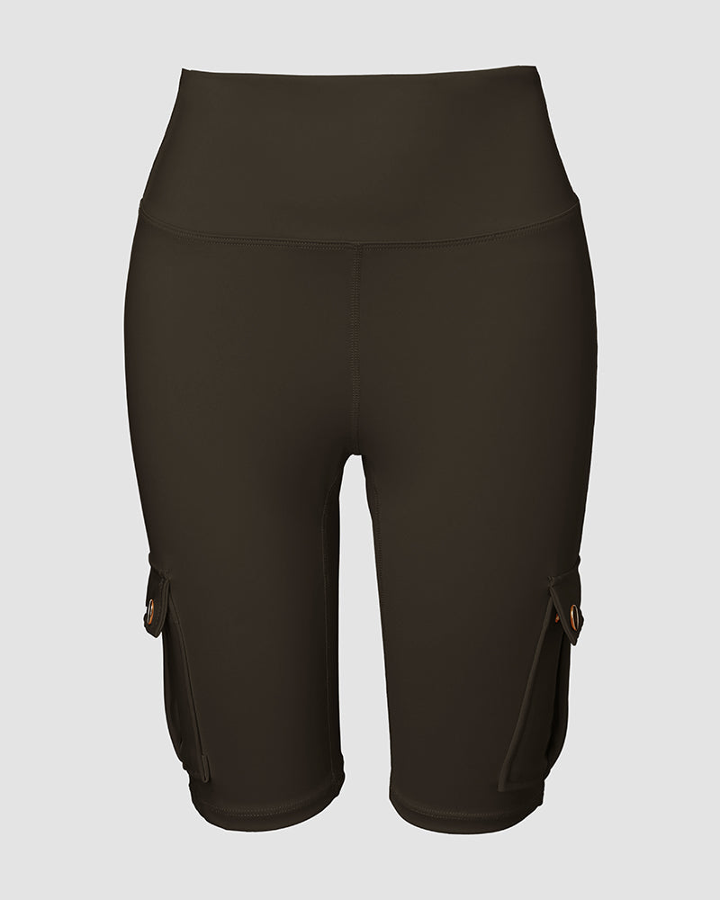 Tummy Control Butt Lifting Active Shorts High Waist Flap Pocket Workout Bermuda Cargo Running Shorts