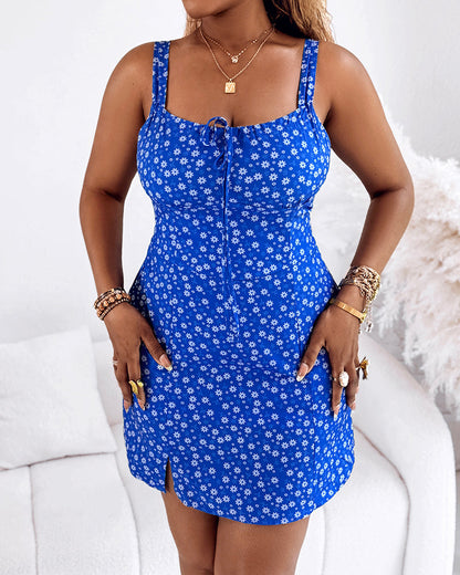 Floral Print Square Neck Thick Strap Tied Detail Romper Casual Shirred Lace-up Back Slit Skort Romper