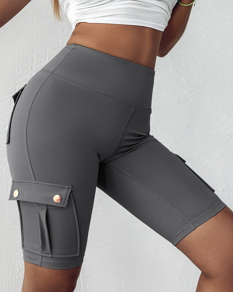 Tummy Control Butt Lifting Active Shorts High Waist Flap Pocket Workout Bermuda Cargo Running Shorts
