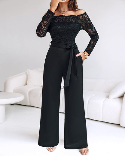 Off Shoulder Long Sleeve Eyelash Lace Spliced Slim Fit Overalls Casual Zipper Back Jumpsuit with Belt