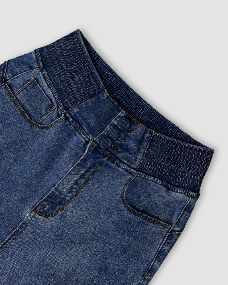 ChicMe CurveEase Back Shirred Button Front High Waist Jeans Skinny Flared Denim Jeggings