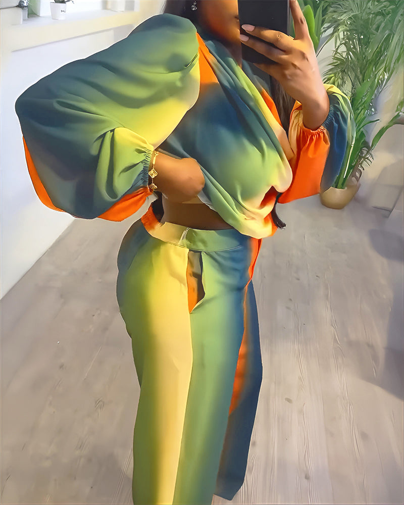 2 Pieces Outfit Cowl Neck Puff Sleeve Loose Fit Top and Zipper Fly Elastic Back Waist Wide Leg Pants Set Casual Tie Dye Print Set