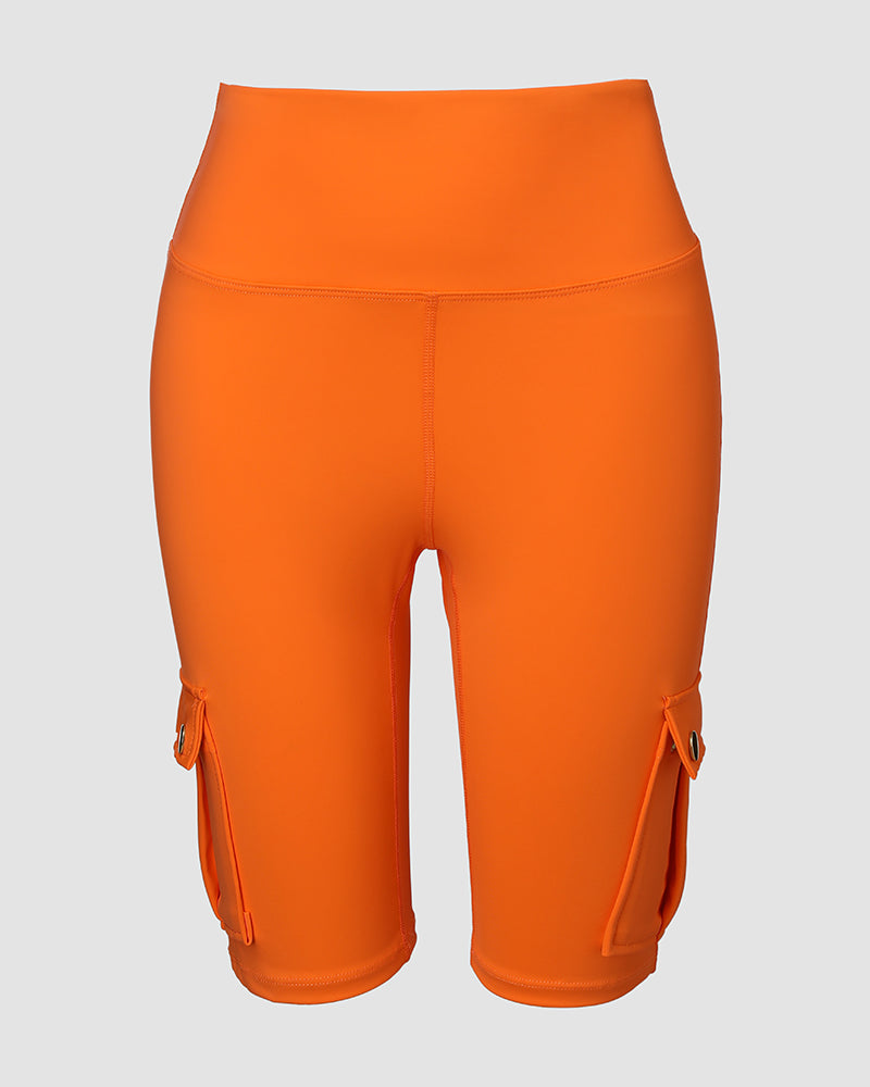 Tummy Control Butt Lifting Active Shorts High Waist Flap Pocket Workout Bermuda Cargo Running Shorts