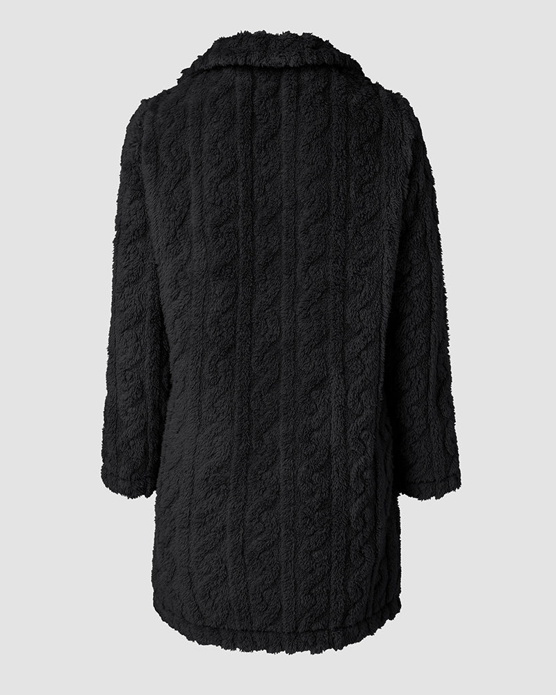 Cable Textured Lapel Neck Button Front Pocket Design Thermal Teddy Coat