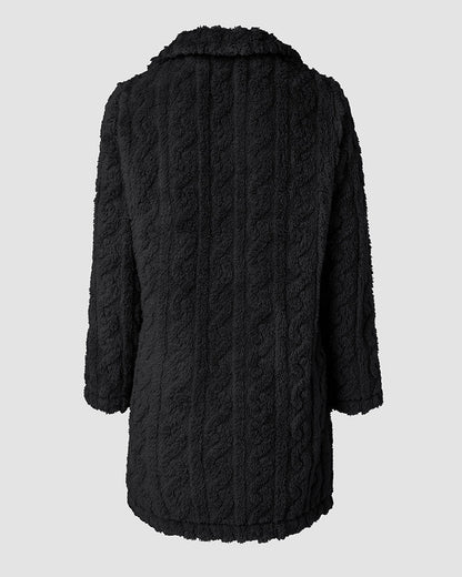 Cable Textured Lapel Neck Button Front Pocket Design Thermal Teddy Coat