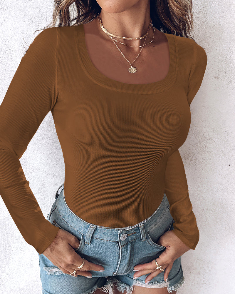 Chicme Built In Bra U Neck Long Sleeve Ribbed Top