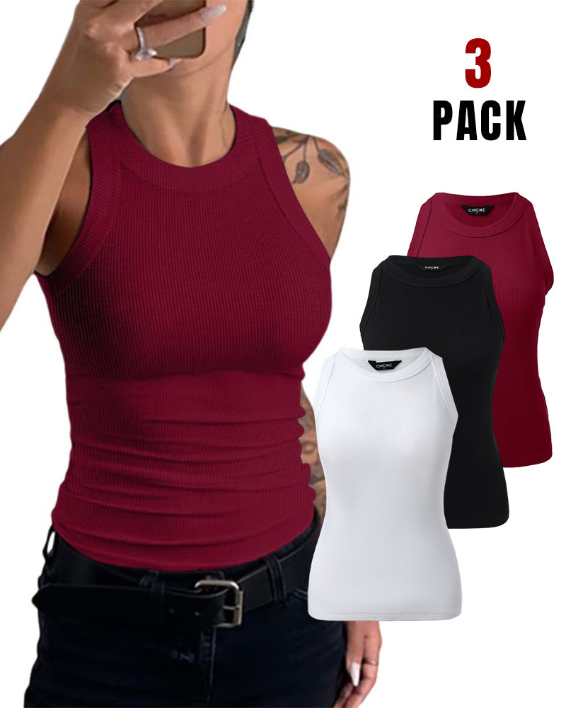 3 Pack Knit Round Neck Thick Strap Racerback Tank Tops(Without Pads)