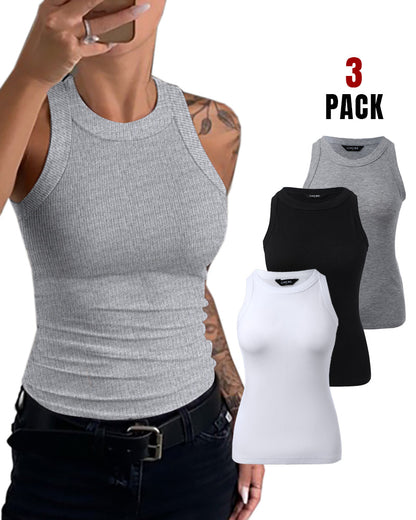 3 Pack Knit Round Neck Thick Strap Racerback Tank Tops(Without Pads)