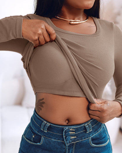 Built In Bra U Neck Tee High Stretchy Knit T-Shirt Long Sleeve Top