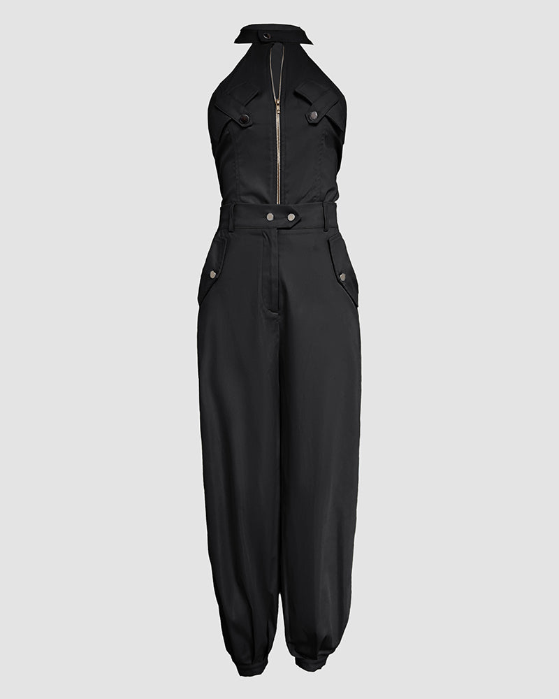 2 Pieces Outfits Sleeveless High Neck Cargo Pockets Design Top And Casual Cuffed Long Pants Set