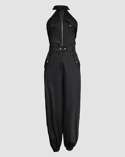 2 Pieces Outfits Sleeveless High Neck Cargo Pockets Design Top And Casual Cuffed Long Pants Set