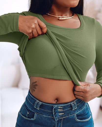 Built In Bra U Neck Tee High Stretchy Knit T-Shirt Long Sleeve Top