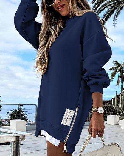 Letter Patch Detail Long Sleeve Drop Shoulder Pullover Sweatshirt Casual Zipper Side Slit Top