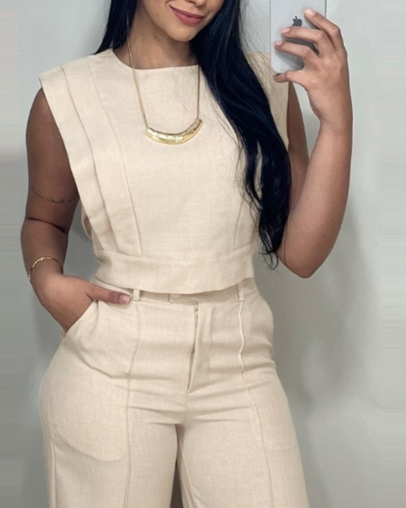 2 Pieces Outfit 3D Cutting Decor Design Cap Sleeve Hollow-out Back Crop Top and Casual Zipper Fly Seam Front Straight Pants Set