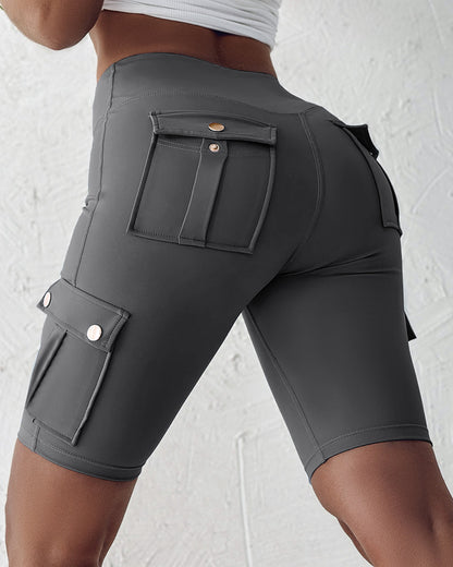 Tummy Control Butt Lifting Active Shorts High Waist Flap Pocket Workout Bermuda Cargo Running Shorts