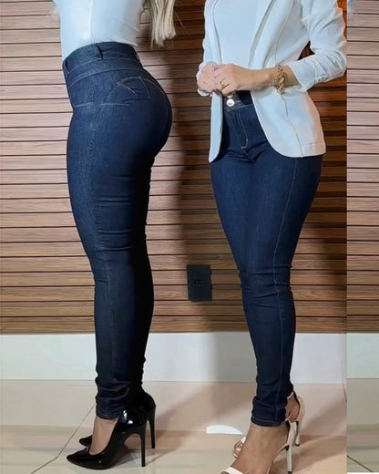 Front Button Zipper Fly High Waist Butt Lifting Skinny Denim Jeans Casual Pants