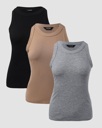 3 Pack Knit Round Neck Thick Strap Racerback Tank Tops(Without Pads)