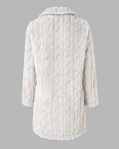 Cable Textured Lapel Neck Button Front Pocket Design Thermal Teddy Coat