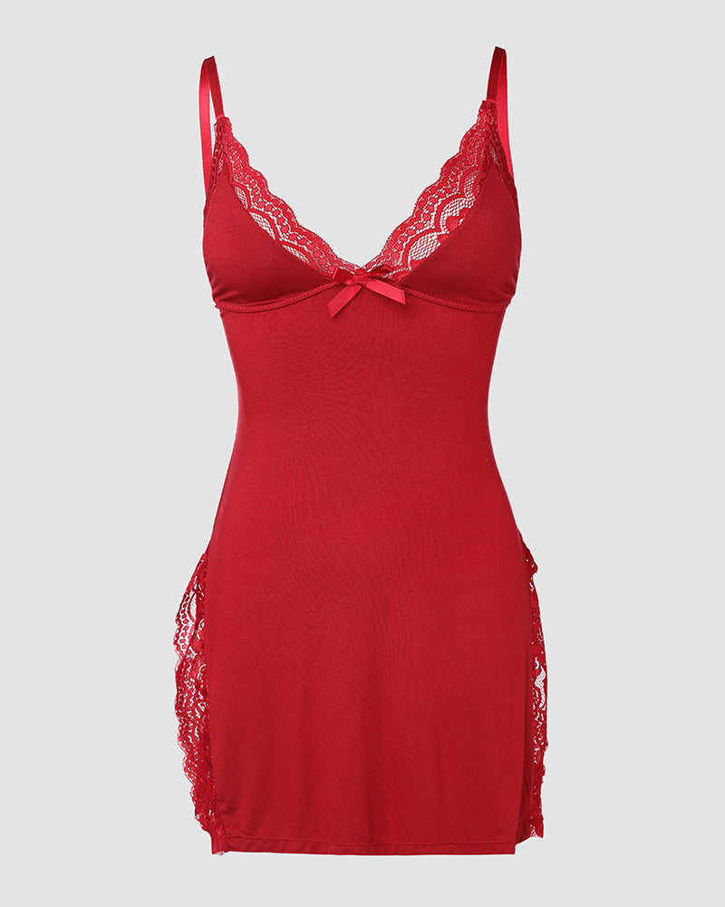 Lace Trim Adjustable Straps Side Slit Bowknot Decor Modal Cami Sleep Dress