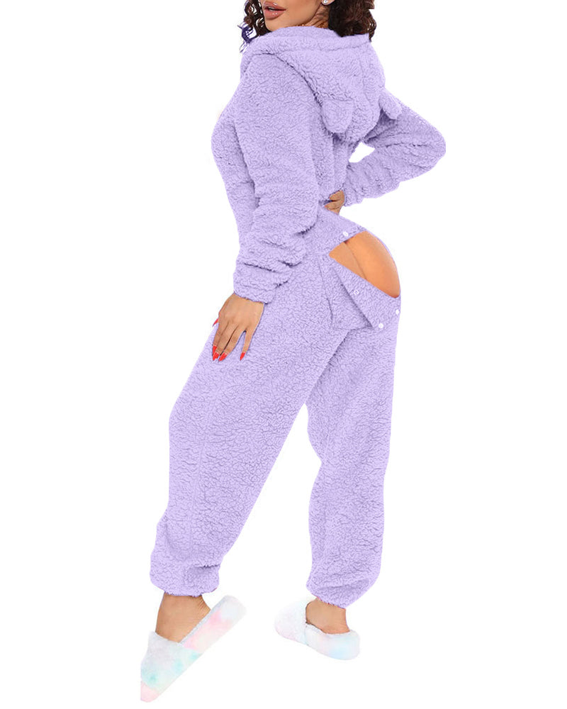 3D Ear Buttoned Flap Functional Fluffy Lounge Jumpsuit