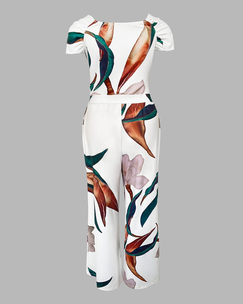 Plants Print Sweetheart Neck Short Sleeve Overalls Causal Ruched Wide Leg Jumpsuit