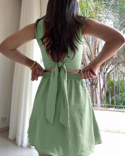 Square Neck Thick Strap Open Back Tie Back Textured Romper Casual Elastic Back Waist Backless Cinched Waist A Line Skorts Romper