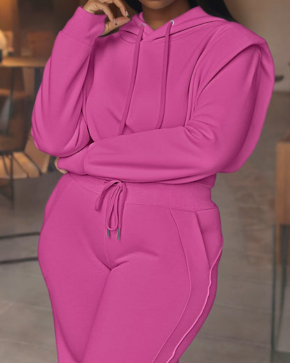 2 Pieces Outfit Long Sleeve Crop Drawstring Hoodie Sweatshirt With Thumb Hole Cuffs And Casual Drawstring Elastic Waist Wide Leg Sweatpants Set