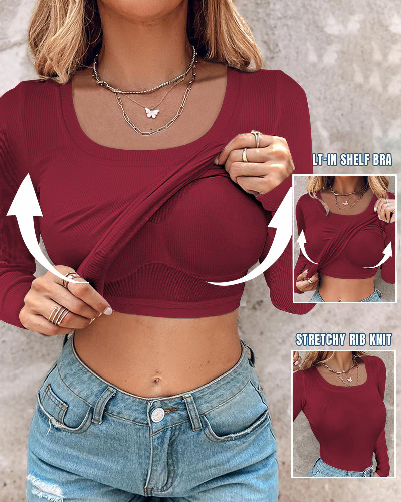 Chicme Built In Bra U Neck Long Sleeve Ribbed Top