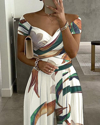 Plants Print Sweetheart Neck Short Sleeve Overalls Causal Ruched Wide Leg Jumpsuit
