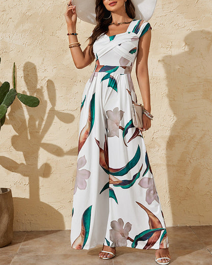 Plants Print Sweetheart Neck Short Sleeve Overalls Causal Ruched Wide Leg Jumpsuit