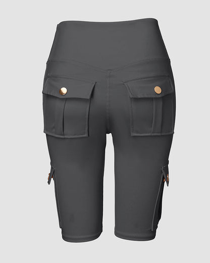 Tummy Control Butt Lifting Active Shorts High Waist Flap Pocket Workout Bermuda Cargo Running Shorts