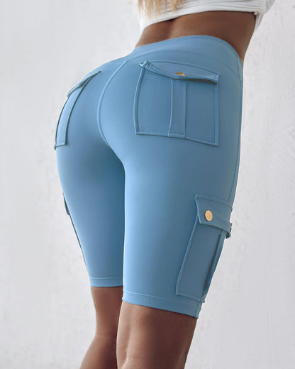 Tummy Control Butt Lifting Active Shorts High Waist Flap Pocket Workout Bermuda Cargo Running Shorts
