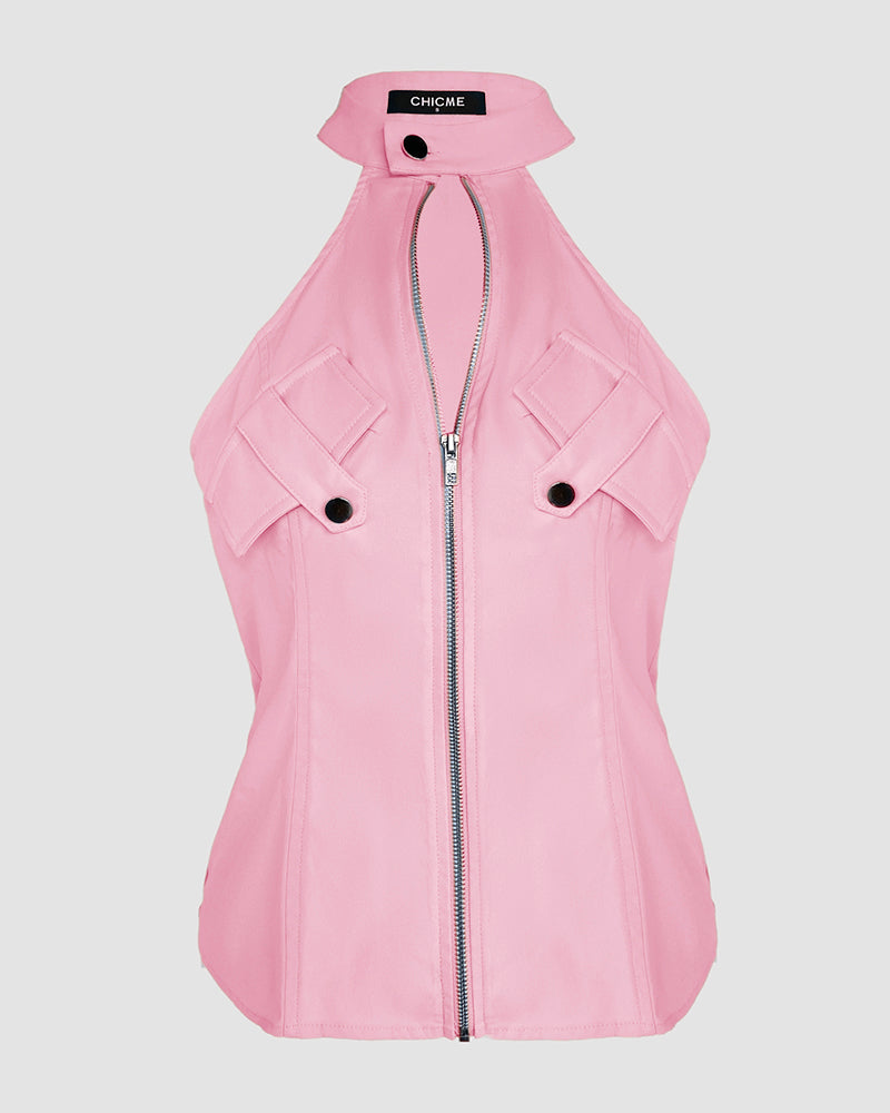 2 Pieces Outfits Sleeveless High Neck Cargo Pockets Design Top And Casual Cuffed Long Pants Set