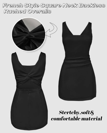 French Style Square Neck Backless Zipper Back Overalls Twist Back Ruched Slim Fit Slit Faux Two-Piece Skort Romper