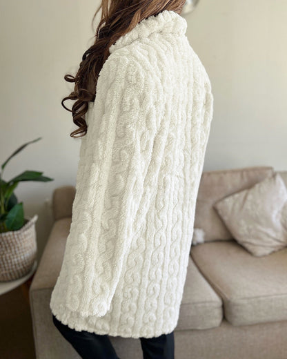 Cable Textured Lapel Neck Button Front Pocket Design Thermal Teddy Coat